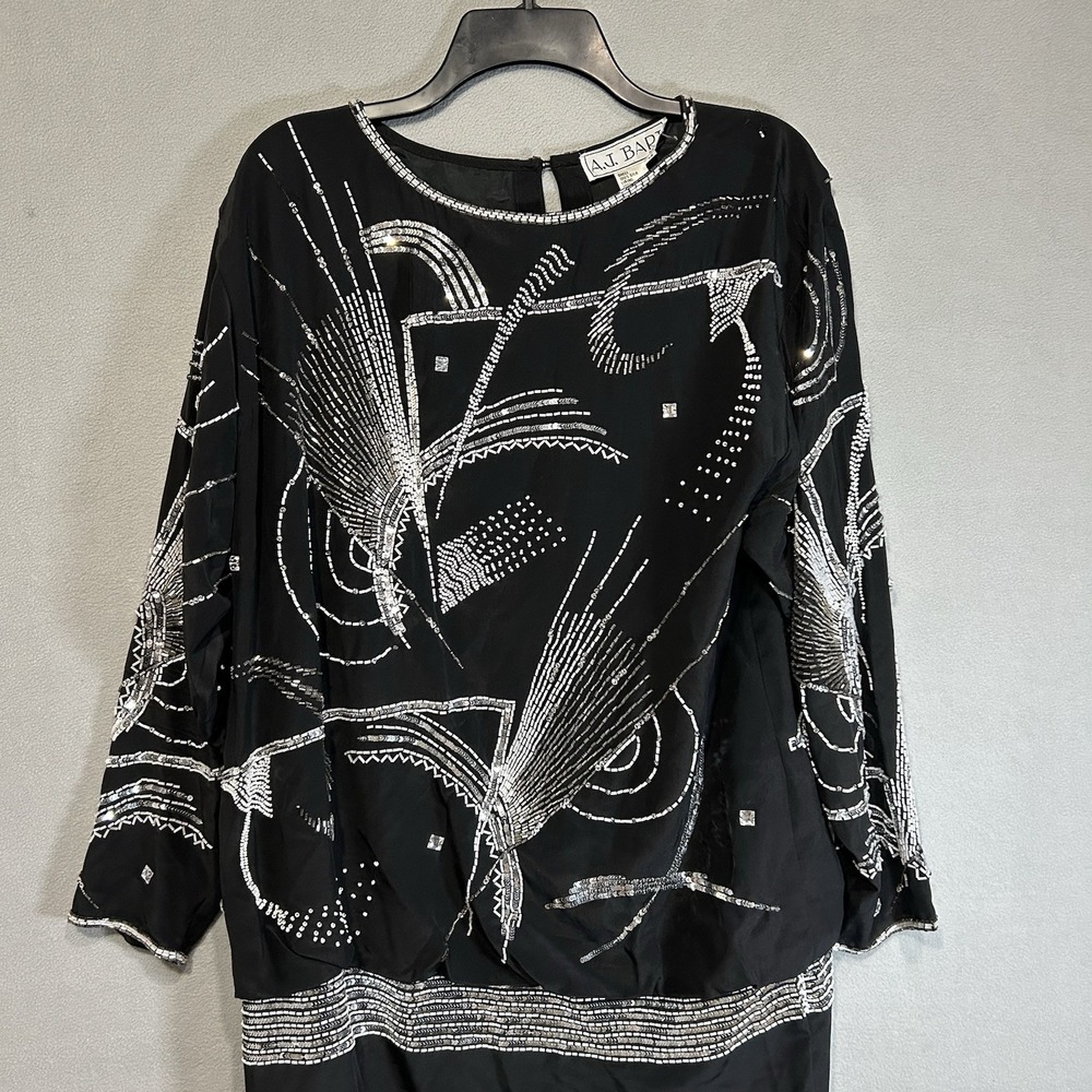 A.J. BARI Vintage Silk Beaded‎ Black Silver Long Sleeve Dress Coquette Size 14 - Picture 2 of 8